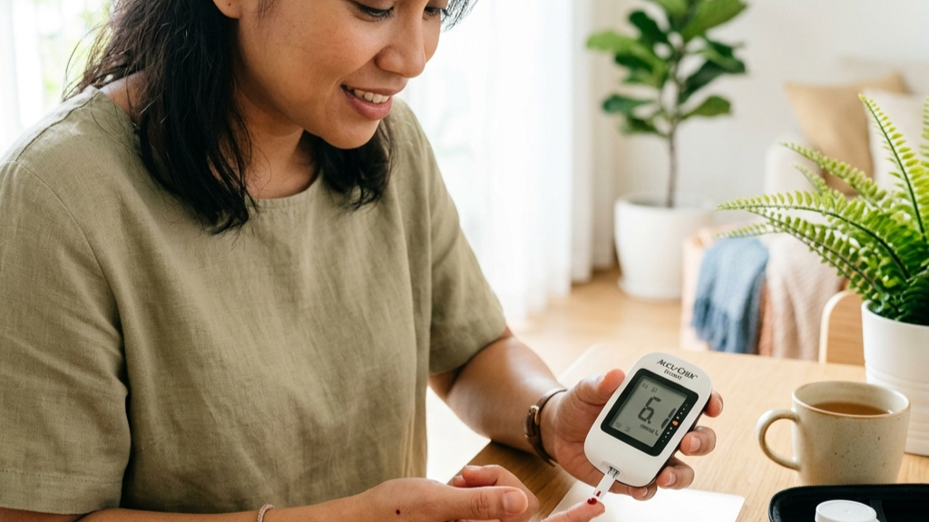 Malaysian adult using a glucometer for glucose monitoring