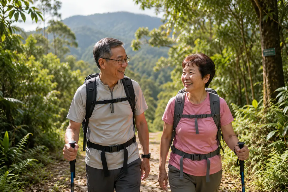 Active older adults hiking outdoors in Malaysia