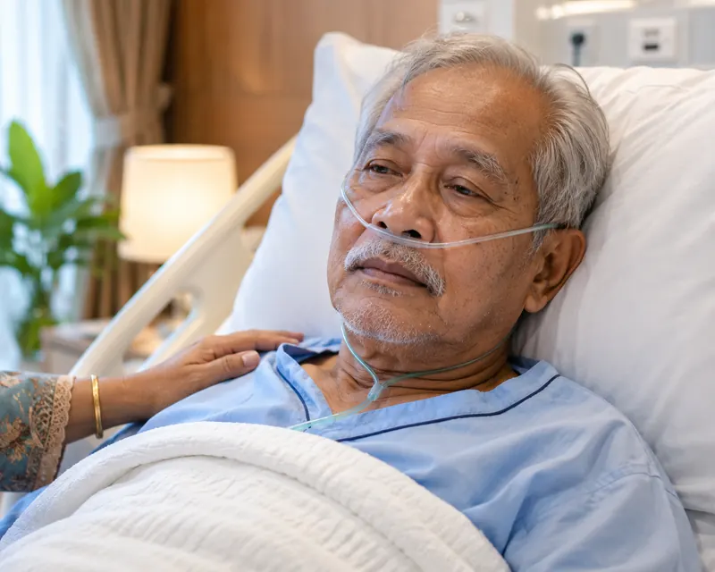Older adult resting in a hospital bed